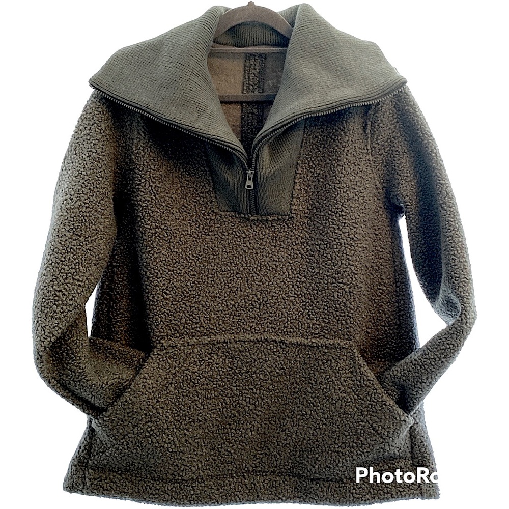 Lands End Boucle Fleece Quarter Zip Kangaroo Pocket Pullover Gray XS Small